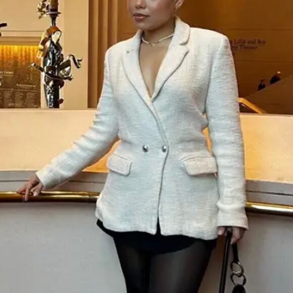 Maje White Tweed Blazer SMALL Tailored Cotton Boucle Quiet Luxury Designer $600 - Picture 9 of 11